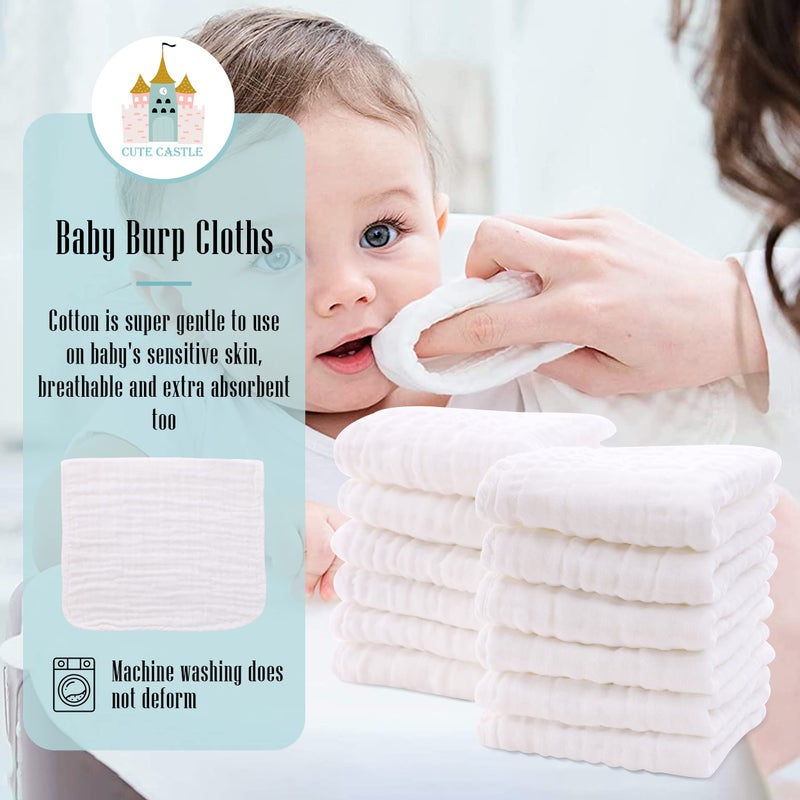 Cute Castle 24 Pack Muslin Baby Burp Cloths - Ultra-Soft 100% Cotton Baby Washcloths - Large 20'' by 10'' Super Absorbent Milk Spit Up Rags - Burpy Cloths for Unisex, Boy, Girl - White - Image 3